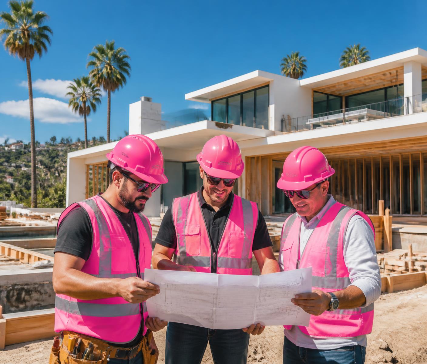 WOW Construction Group crew in pink hard hats at a Los Angeles home build